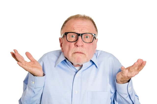 Closeup portrait, dumb clueless senior mature man, arms out asking why what's the problem who cares so what, I don't know. Isolated white background. Negative human emotion facial expression feelings.jpeg